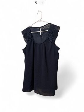 Sheer navy blue and black polka dot ruffle blouse